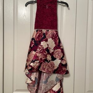 Girls Sleeveless Embroidered-Bodice/Mesh-Skirted High-Low-Hem Ballgown